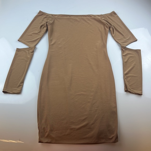 MYSTYLEMODE NUDE DOUBLE LINED OFF THE SHOULDER ELBOW CUT OUT MINI DRESS S99-59 - Picture 3 of 8